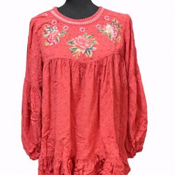 Solitaire Coral Embroidered Swiss Dot Blouse Small
