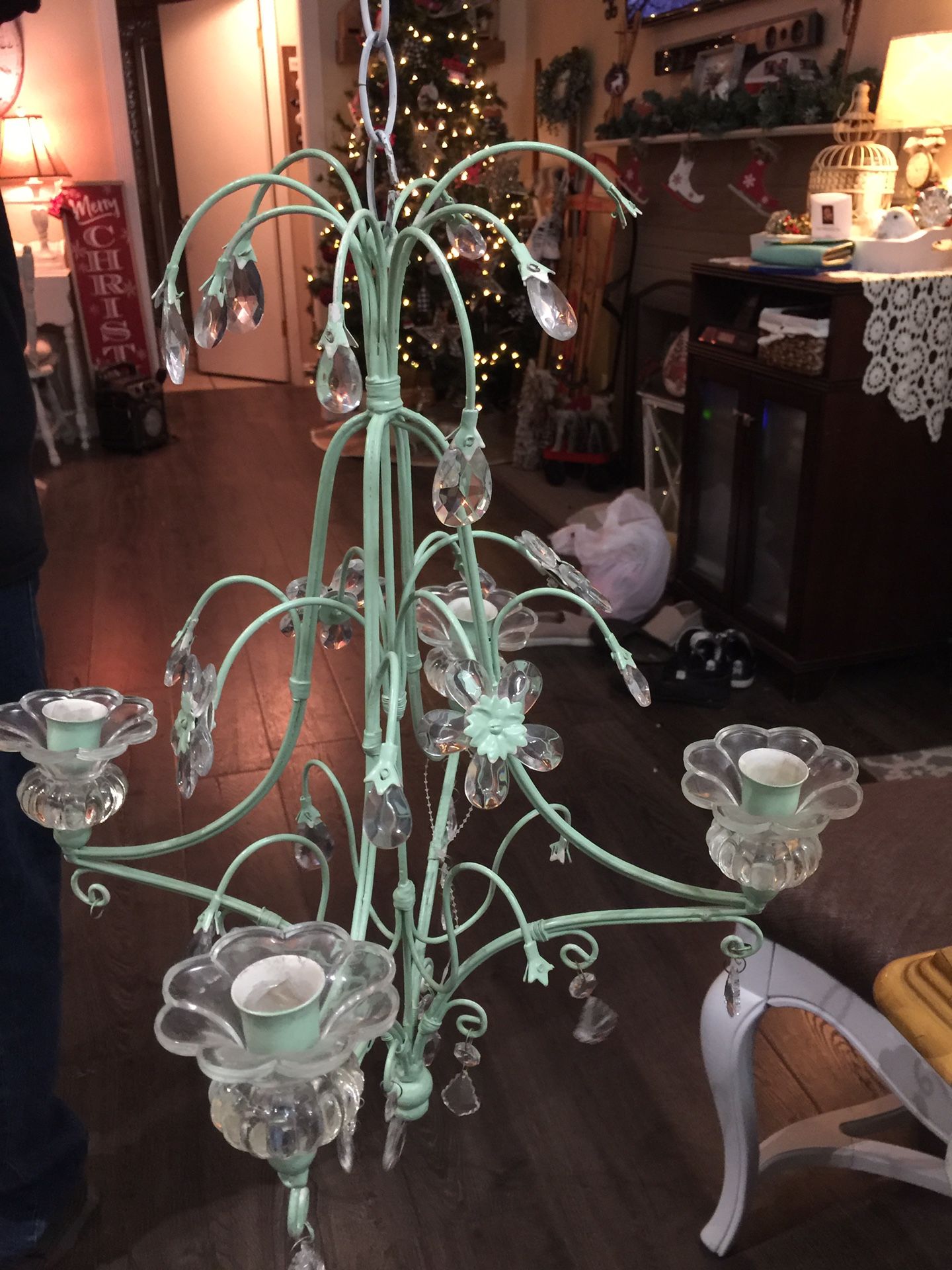 Metal and glass CANDLE chandelier (missing some crystals) 18 inch all