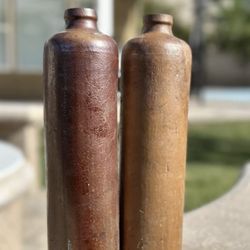 Pair Of Wine Brown Glaze Stoneware Crock Pottery Antique Vintage Bottle