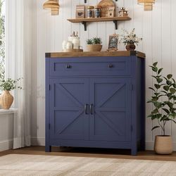 Kitchen Storage Cabinet, Farmhouse Coffee Bar Cabinet, Blue/Brown