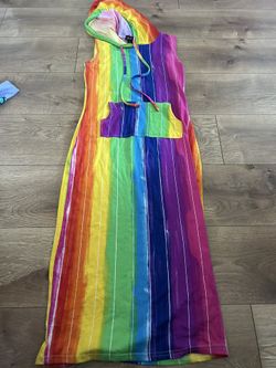 Hooded Tank Dress Women’s Rainbow Striped Kangaroo Pocket Sleeveless Size S