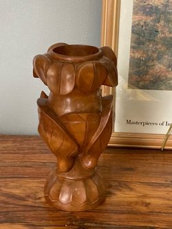 Hand-Carved Wooden Lotus Vase