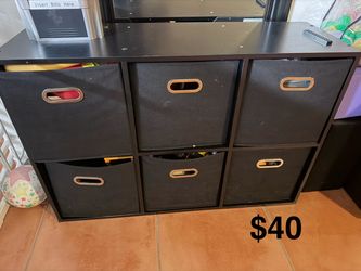 Black Cube Storage Shelf with Fabric Bins
