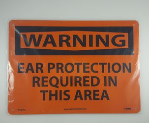 NMC W421AB OSHA Sign, Legend "WARNING - EAR PROTECTION REQUIRED IN THIS AREA", 14" Length x 10" Height, Aluminum, Black on Orange