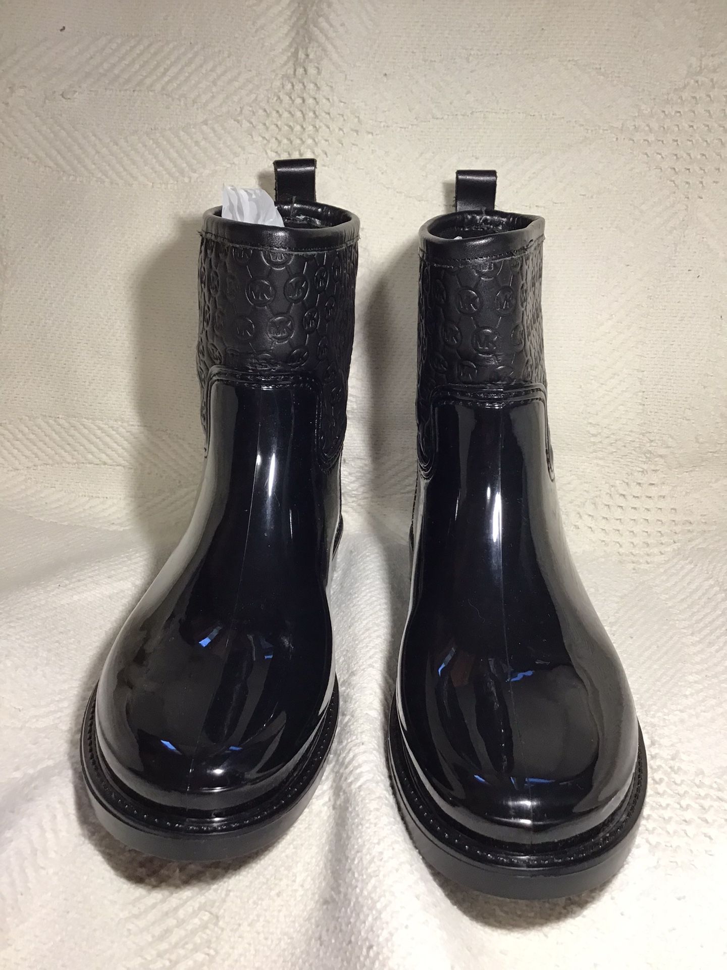 Michael Kors Signature Logo Rain Boots In Black Rubber & Leather Waterproof Size 8
