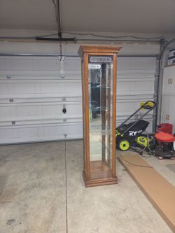 Tall Oak Wood Curio Display Cabinet