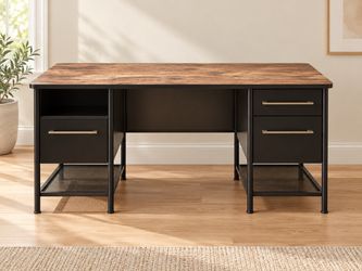 Modern Industrial Executive Desk – Rustic Wood Top & Black Metal Frame with Storage