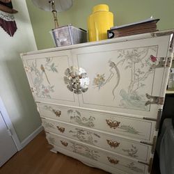 Vintage Hand-Painted Chinoiserie Cream Lacquer Chest - 47" Tall - Inglewood