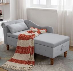 NEW Grey Velvet Upholstered Chaise Lounge Sleep Sofa with Storage & Pillow, Nailhead Trim