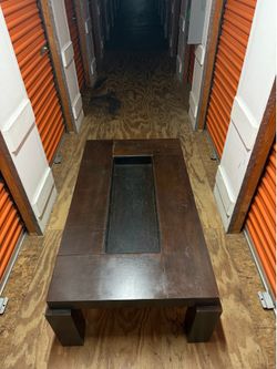Rectangle Espresso Brown Coffee Table W/ Glass Center Display Compartment