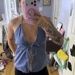 Denim Halter Babydoll Top – Tie Front, Open Back