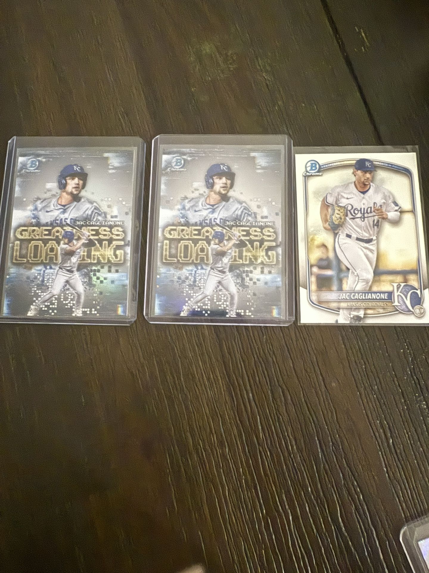 2 2025 Bowman Jac Caglianone Greatness Loading + 2025 Bowman Chrome Jac Caglianone Base Royals