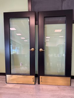 2 Commercial Glass Storefront Doors – Black Frame w/ Brass Kick Plates