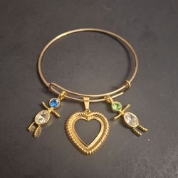 Goldtone Expandable Charm Bangle Bracelet W/Heart Between Boy & Girl Charms Adorned W/Crystals, New