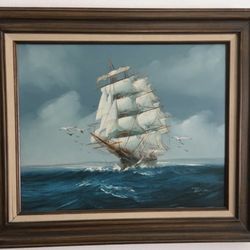 Framed Schooner Ship Painting 