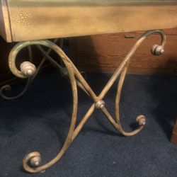 BOUGHT IT FROM A LA JOLLA MANION ESTATE SALE Antique Decor WORK OF ART Table with Drawer Wood on Metal Base 27” D x 30” W x 27” H