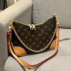 Classic old flower coated canvas with cow leather trim yellow ox horn chain bag underarm bag crossbody shoulder bag women's brown