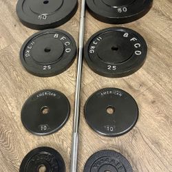 BRAND NEW:  7 ft Standard Bar With VINTAGE Cast Iron Weight Plates: 50s,25s, 10s,  And 5s. (Total: 205 lbs)  