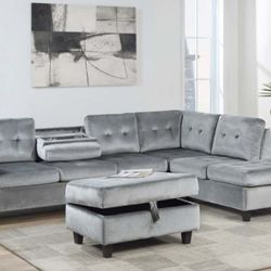 GREY VELVET SECTIONAL WITH OTTOMAN 