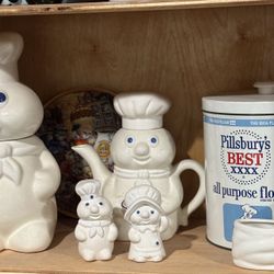 Vintage Ceramic Pillsbury Dough Boy collection. Cookie Jar, Tea Pot, Metal Tin, Salt & Pepper Shakers & Sponge Holder