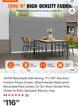 VEVOR Retractable Side Awning, 71''x 118'' Aluminum Outdoor Privacy Screen, 280g Polyester Water-proof Retractable Patio Screen, UV 30+ Room Divider W