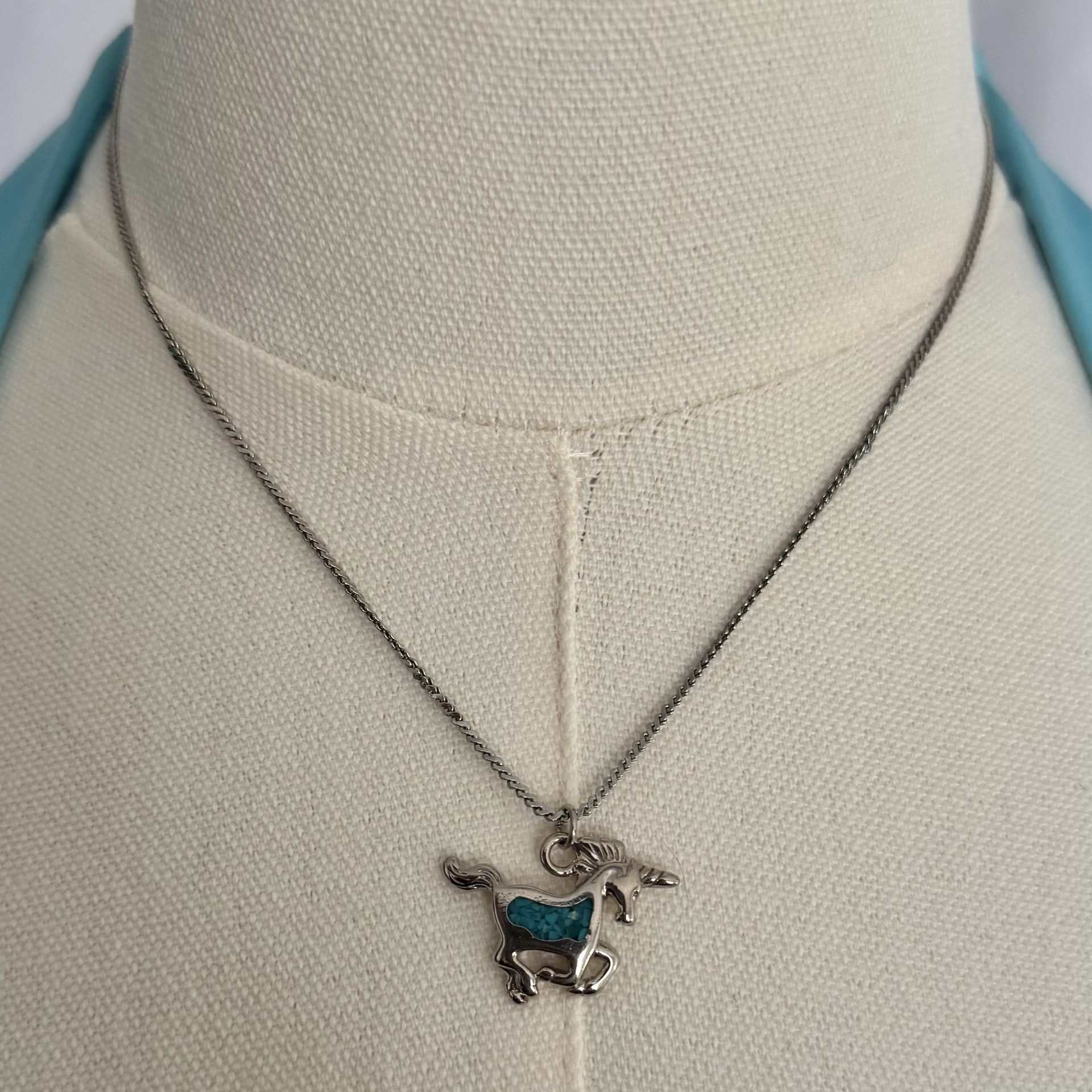 Vintage Y2K Turquoise Stone Running Unicorn Statement Dainty Necklace