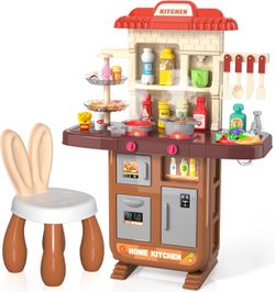 Play Kitchen Playset for Toddlers Girls, Toy Kitchen Sets with Chair for Kids Toddlers Ages 3 4 5 6 7 8, Kitchen Accessories Set with Spray Light Soun