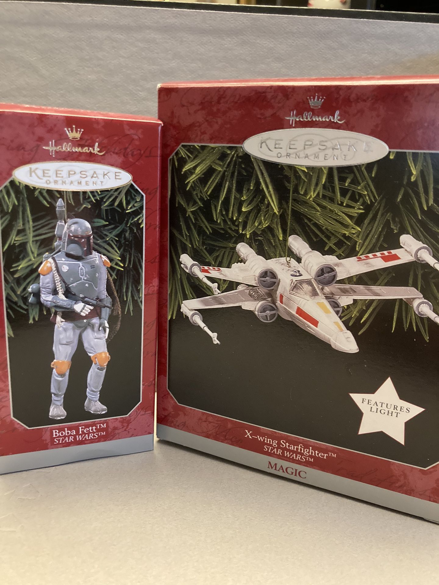 Hallmark Star Wars and Star Trek Christmas ornaments.