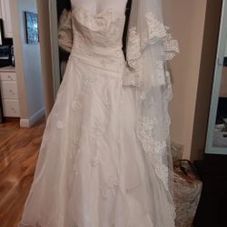 NEW with Tag White Wedding dress & Vail Size 6 Vail Davids Bridal Beaded  Laced