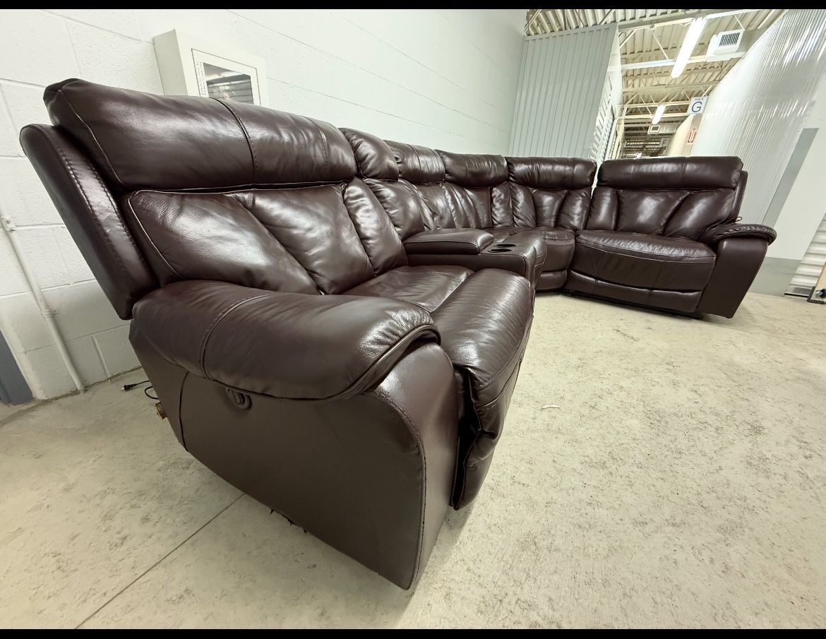 Large Brown real leather sectional With 3 working electric recliners with cup holders