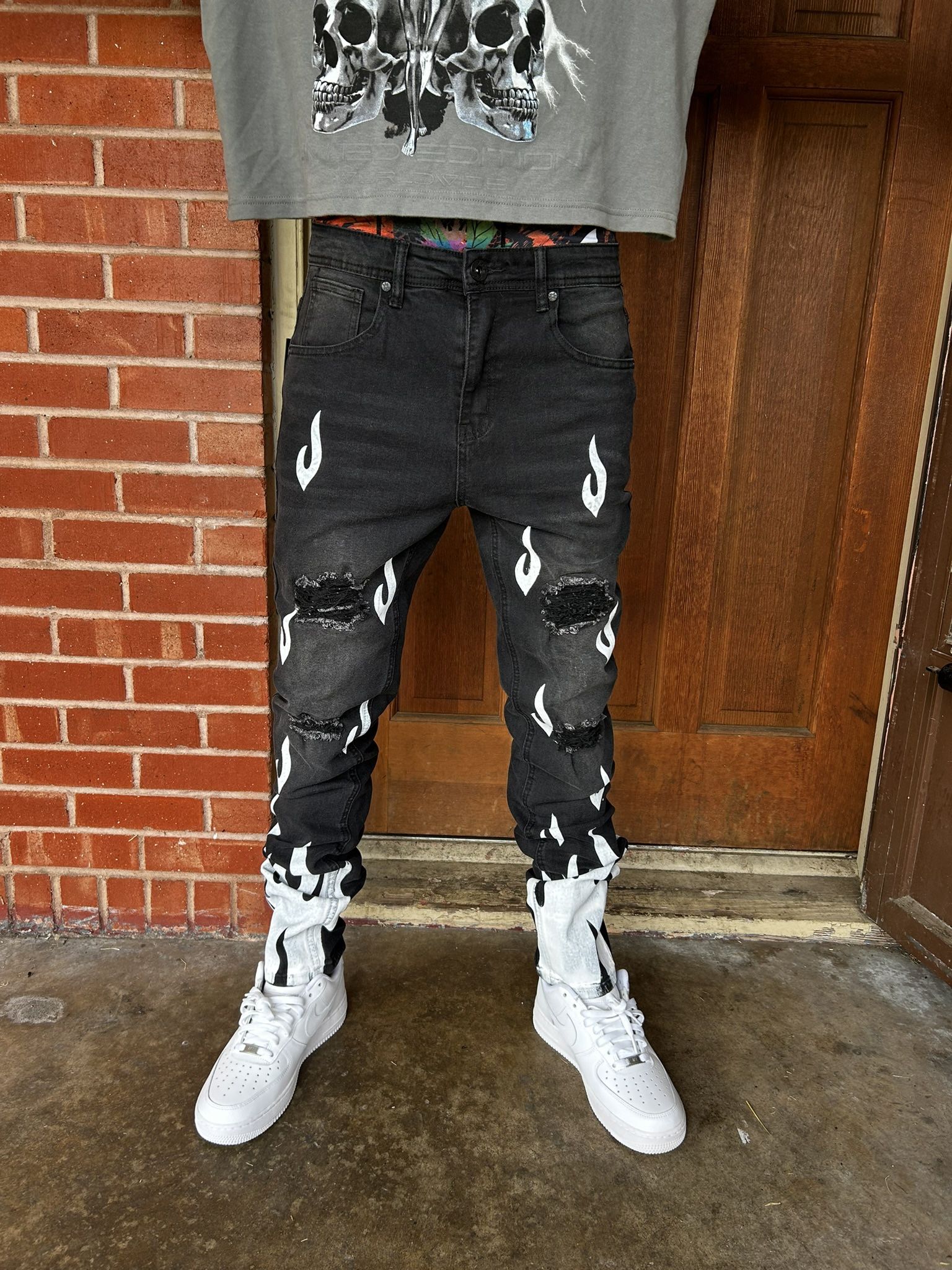 ZCL Black & White Flames Painted Designer Jeans🔥