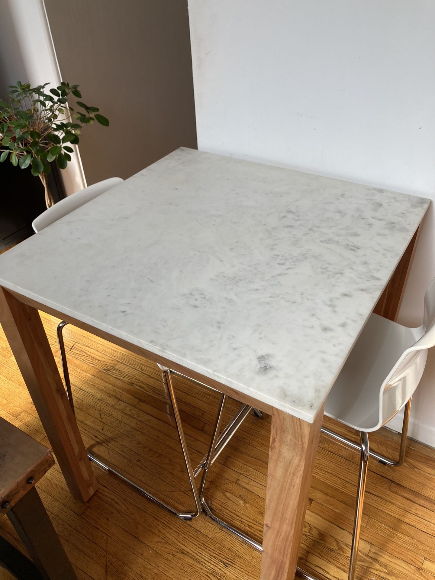 CB2 Acacia Wood Counter Height Table w Marble Top Retail 500 for