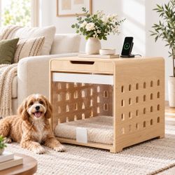 Natural Oak Dog Crate Furniture w/ Charging Station – Medium