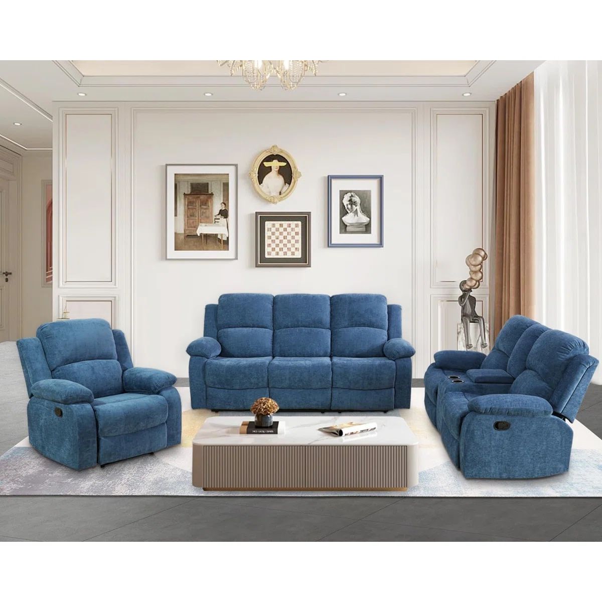 Blue Linen Reclining Sofa Set