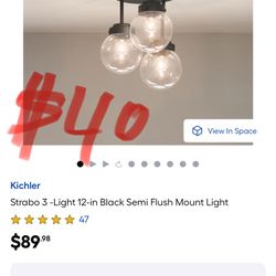 $40 Kichler Strabo 3 -Light 12-in Black Semi Flush Mount Light