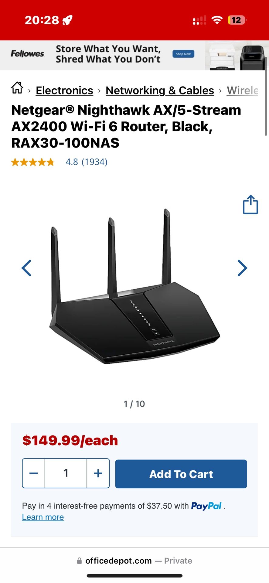 Netgear® Nighthawk AX/5-Stream AX2400 Wi-Fi 6 Router, Black, RAX30-100NAS