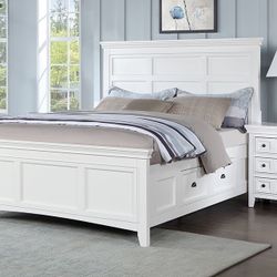 FARMHOUSE WHITE FINISH QUEEN SIZE BED FRAME SIDE DRAWERS