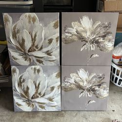 Four Flower Oil Paintings On Canvas Wall Art For Bedroom Kitchen Dining Room  Painted 