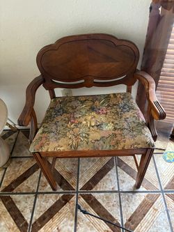 Vintage Wood Armchair with Floral Upholstered Seat