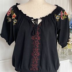 R&B Black Embroidered Bohemian Peasant Top