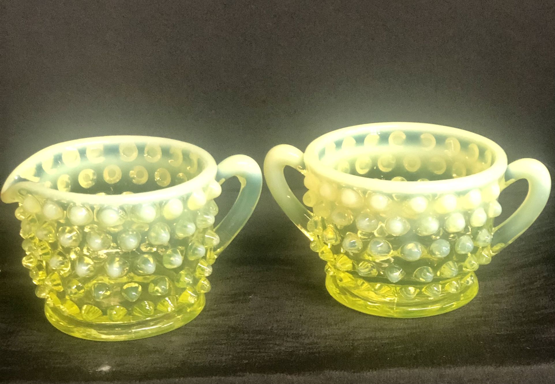 Vintage Fenton Yellow Vaseline Hobnail Glass Sugar Bowl & Creamer