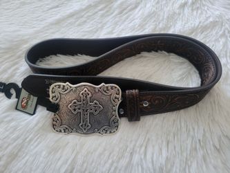 Western Tooled Leather Belt with Cross Buckle