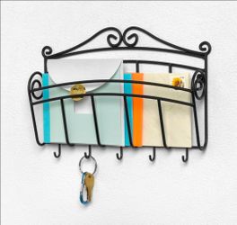 Black Metal Wall Mount Mail Organizer with Key Hooks