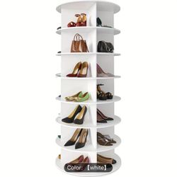 7-Tier Spinning Shoe Rack, 360° Rotating Shoe Organizer Tower, Vertical Carousel Storage For Shoes And Handbags. White.