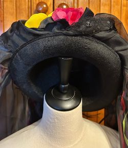 Black Wide-Brim Hat with Floral and Veil Trim