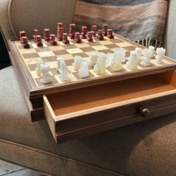 Chess Board With Drawer And Stone Pieces 