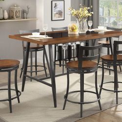 BISTRO GUNMETAL FINISH 7 PIECE COUNTER HEIGHT DINING TABLE SET WINE BOTTLE STORAGE - MESA ALTA SILLAS COMEDOR