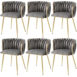 Woven Dining Chairs Set of 6, Velvet Upholstered Dining Chairs with Gold Metal Legs, Modern Accent Chairs for Living Room, Dining Room, Kitchen (Grey)