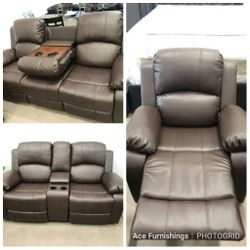 Brand New Brown Leather 3pc Reclining Set With Storage Compartments Built In Cup Holders & A Drop Down Table