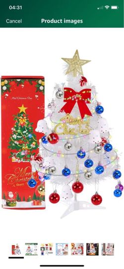 Tabletop Christmas Tree,Mini White Christmas Tree with Lights,Small White Christmas Tree(Christmas Ball Decoration, Star Treetopper, Gift Boxes, Ball